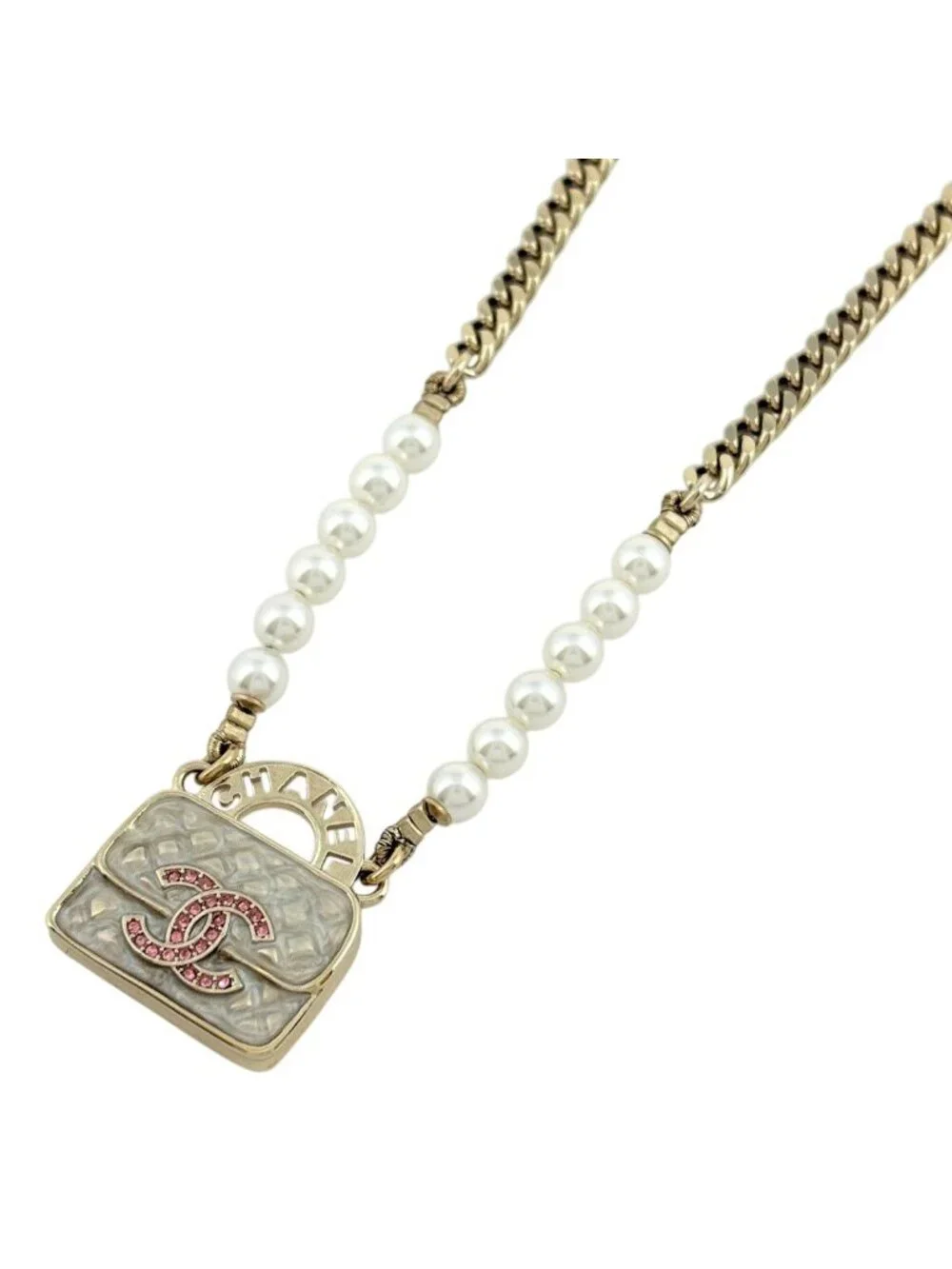 Chanel CC Logo Faux Pearl Necklace Bag Motif White Gold
